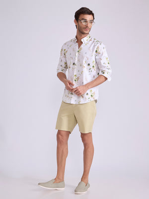 Men's Satin Floral Printed Shirt - Light Olive Green