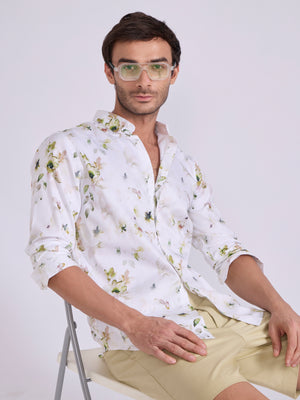 Men's Satin Floral Printed Shirt - Light Olive Green
