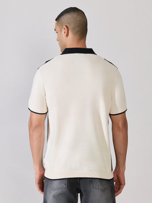 Men's Regular Fit Textured Knit Polo T-Shirt - Cream & Black