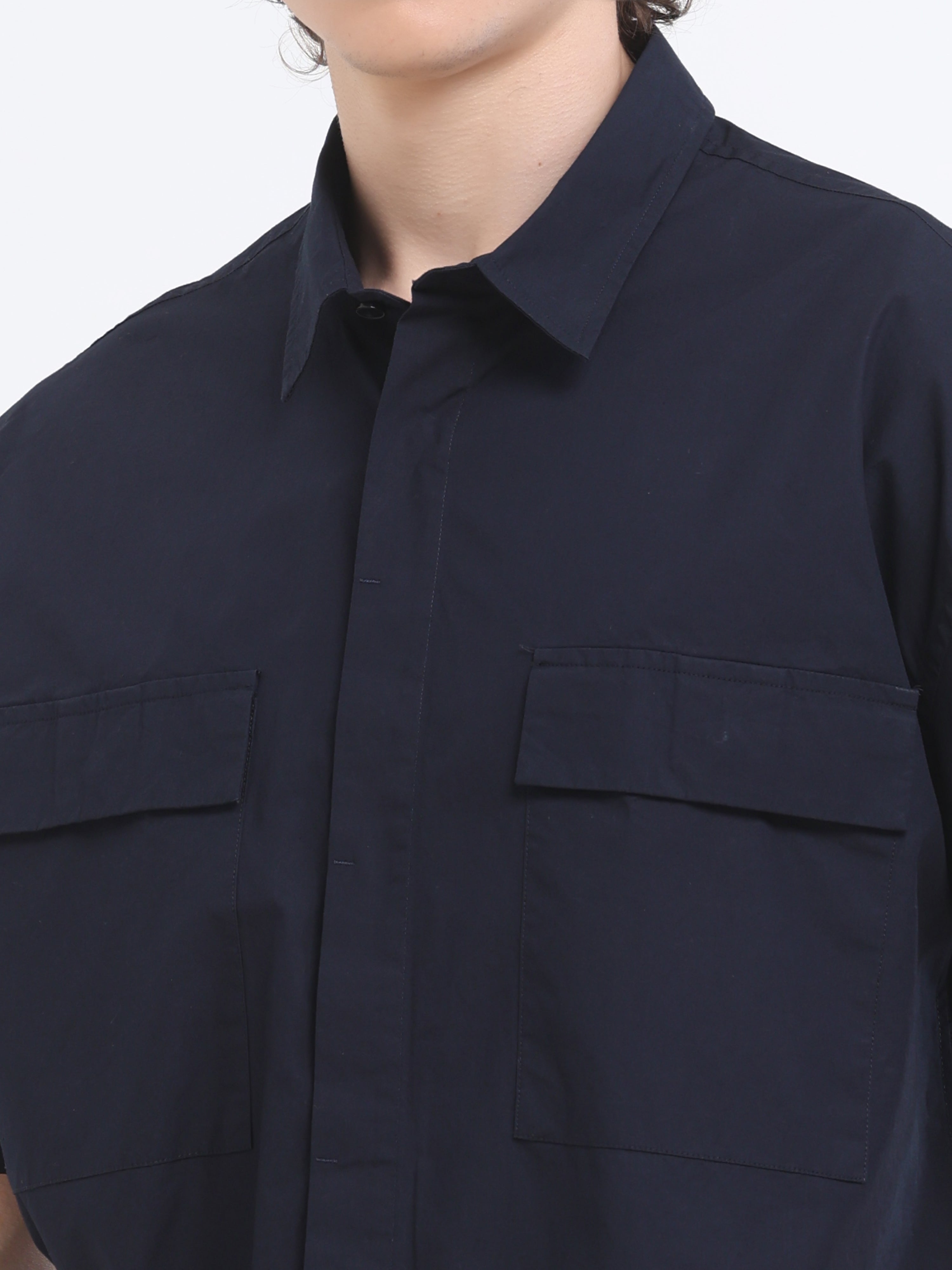 Velvo Oversized Double Pocket Half Sleeve Sleeve Shirt- Dark Blue