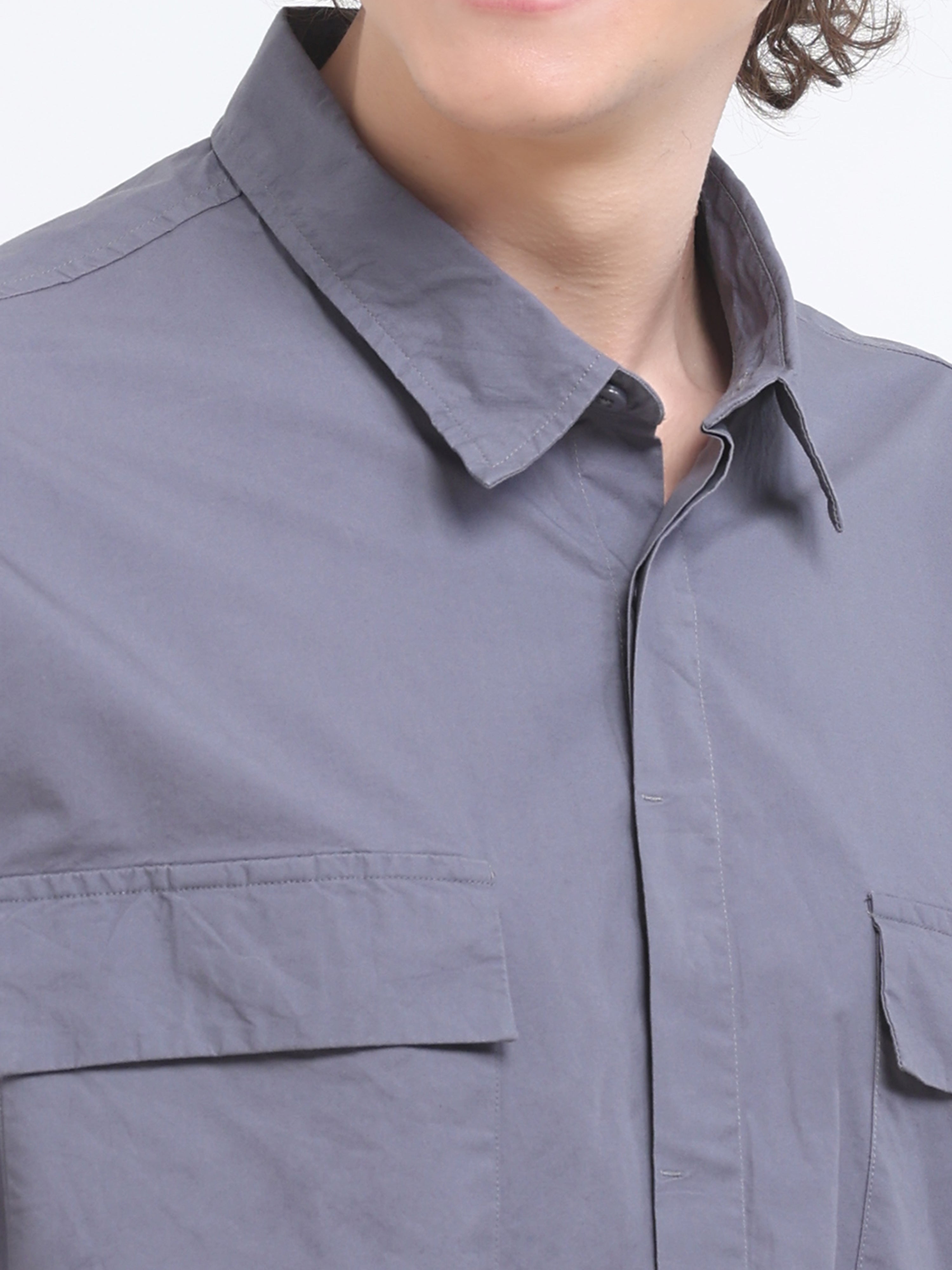 Velvo Oversized Double Pocket Half Sleeve Shirt- Charcoal Grey