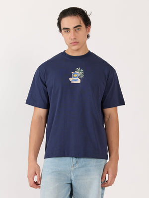 Sheldon - Tropical Sunset Graphic Navy Blue Loose Fit T-Shirt - Espanshe