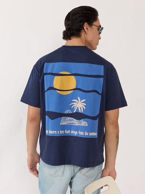Sheldon - Tropical Sunset Graphic Navy Blue Loose Fit T-Shirt - Espanshe