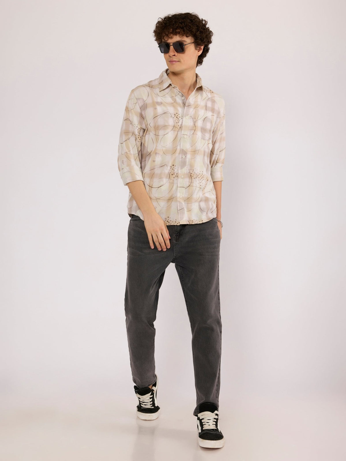Jules - Digital Print Checkered Shirt - Tan - Espanshe