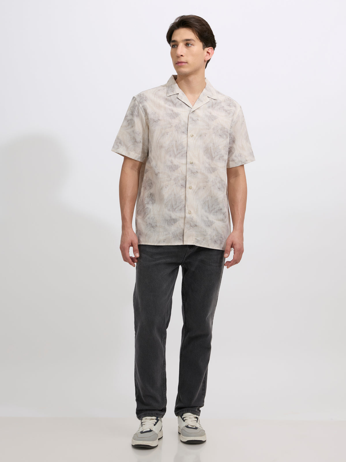 Lennox - Printed Cuban Collar Shirt - French Grey
