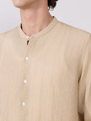 Yometo - Striped Band Neck Shirt - Tan Beige - Espanshe