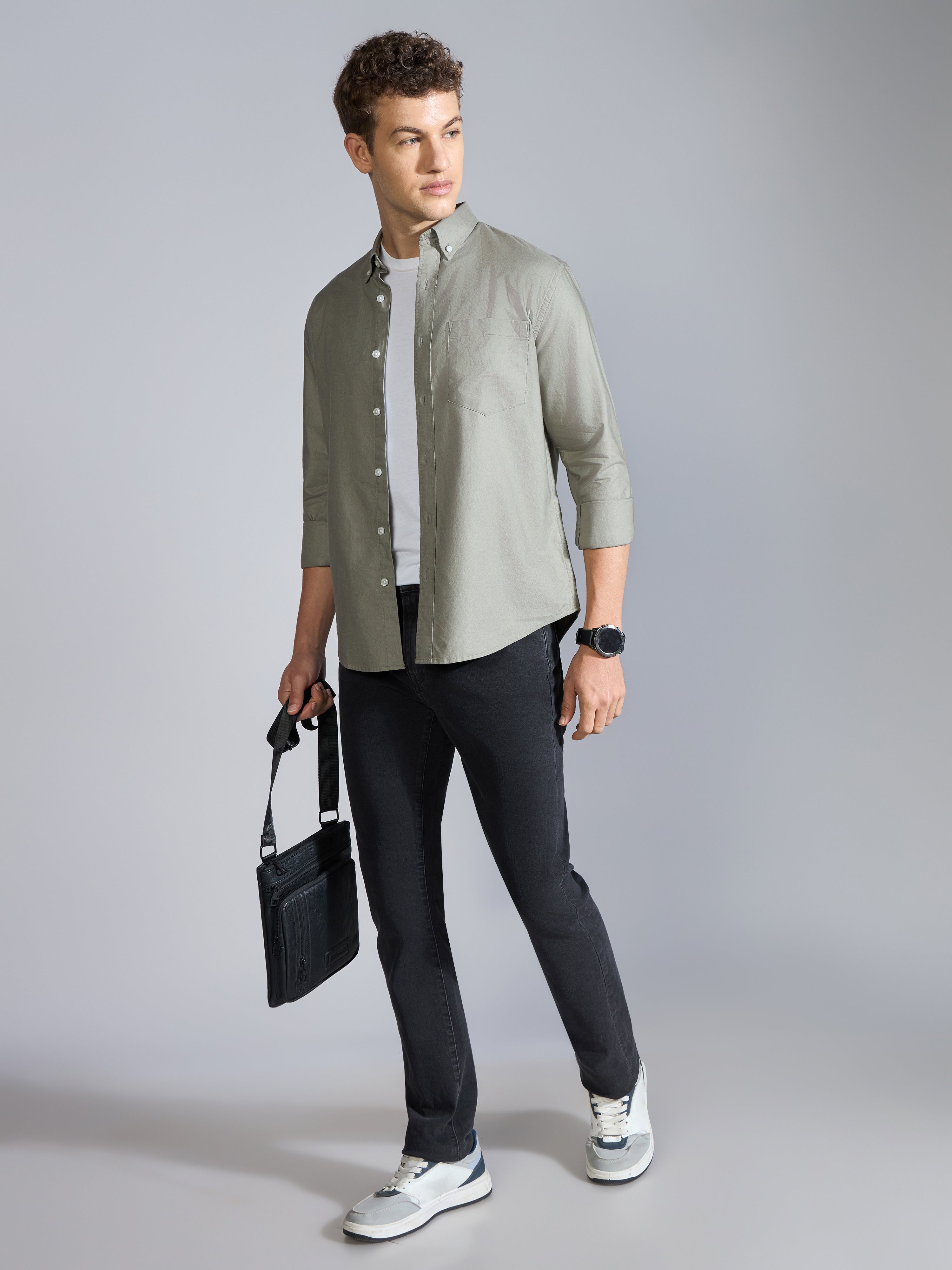 Orbit - Relaxed Fit Oxford Shirt With Elbow Patch - Sage Green