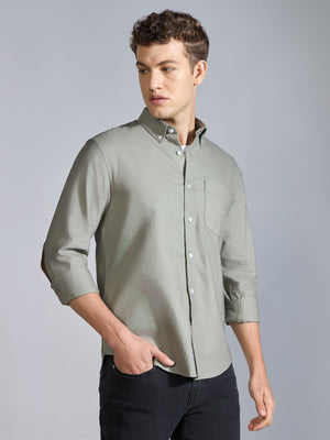 Orbit - Relaxed Fit Oxford Shirt With Elbow Patch - Sage Green - Espanshe