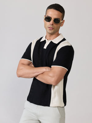 Regular Fit Textured Knit Polo T-Shirt - Black & Cream