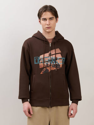 Apex - Relaxed Fit Printed Zipper Hoodies - Dark Brown - Espanshe