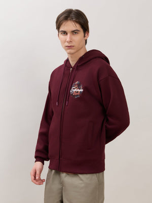 Apex - Relaxed Fit Printed Zipper Hoodies - Wine - Espanshe