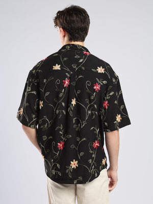 Bopha - Floral Embroidery Half Sleeve Shirt - Black - Espanshe