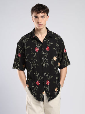 Bopha - Floral Embroidery Half Sleeve Shirt - Black - Espanshe