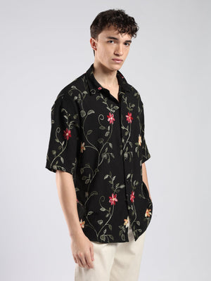 Bopha - Floral Embroidery Half Sleeve Shirt - Black - Espanshe