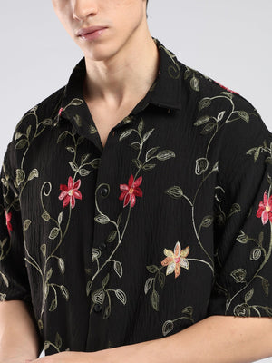 Bopha - Floral Embroidery Half Sleeve Shirt - Black - Espanshe