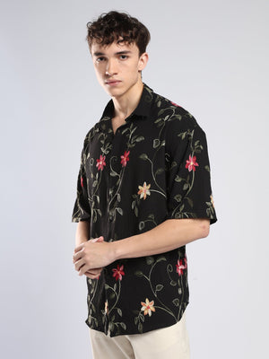 Bopha - Floral Embroidery Half Sleeve Shirt - Black - Espanshe