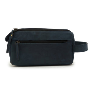 men's Leather Retro Dual Zipper Toiletry Bag in blue