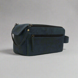 men's Leather Retro Dual Zipper Toiletry Bag in blue