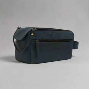 Godfrey - Leather Retro Dual Zipper Toiletry Bag - Blue - Espanshe