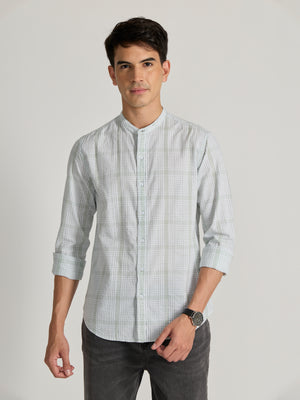 Men's Band Collar Striped Shirt in green