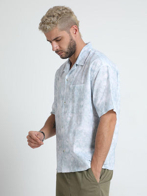 Men's Tropical Blue Printed Baggy Short Sleeve Shirt - Espanshe