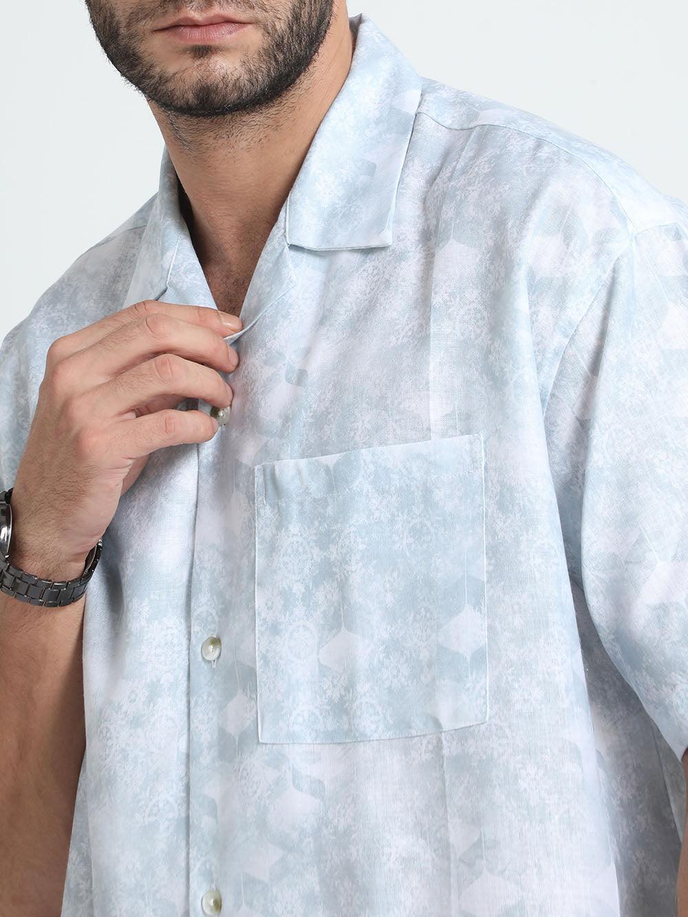 Men's Tropical Blue Printed Baggy Short Sleeve Shirt - Espanshe