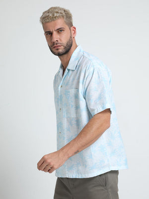 Men Loose Fit Aquamarine Blue Cuban Collar Shirt - Espanshe