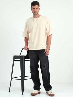 Cream Baggy Fit Round Neck T-Shirt - Espanshe