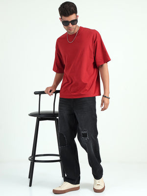 Red Baggy Fit Round Neck T-Shirt For Men's
