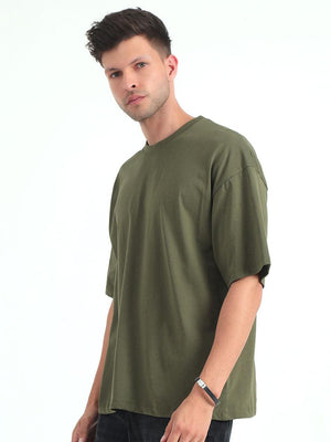 Olive Baggy Fit Round Neck T-Shirt - Espanshe