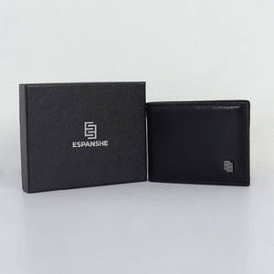 Two Folding Genuine Leather Money Clip Card Holder Wallet - Black - Espanshe
