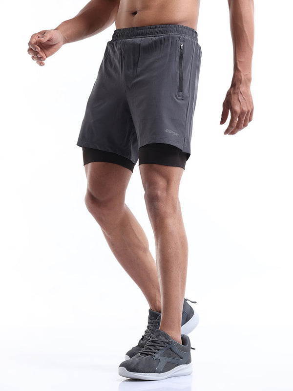 Men's Dark Gray & Black 2 in 1 Sports Running Shorts with Phone Pocket