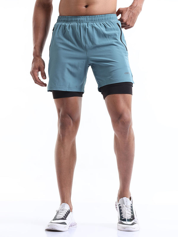 Men's Ice Blue & Black 2 in 1 Sports Running Shorts with Phone Pocket
