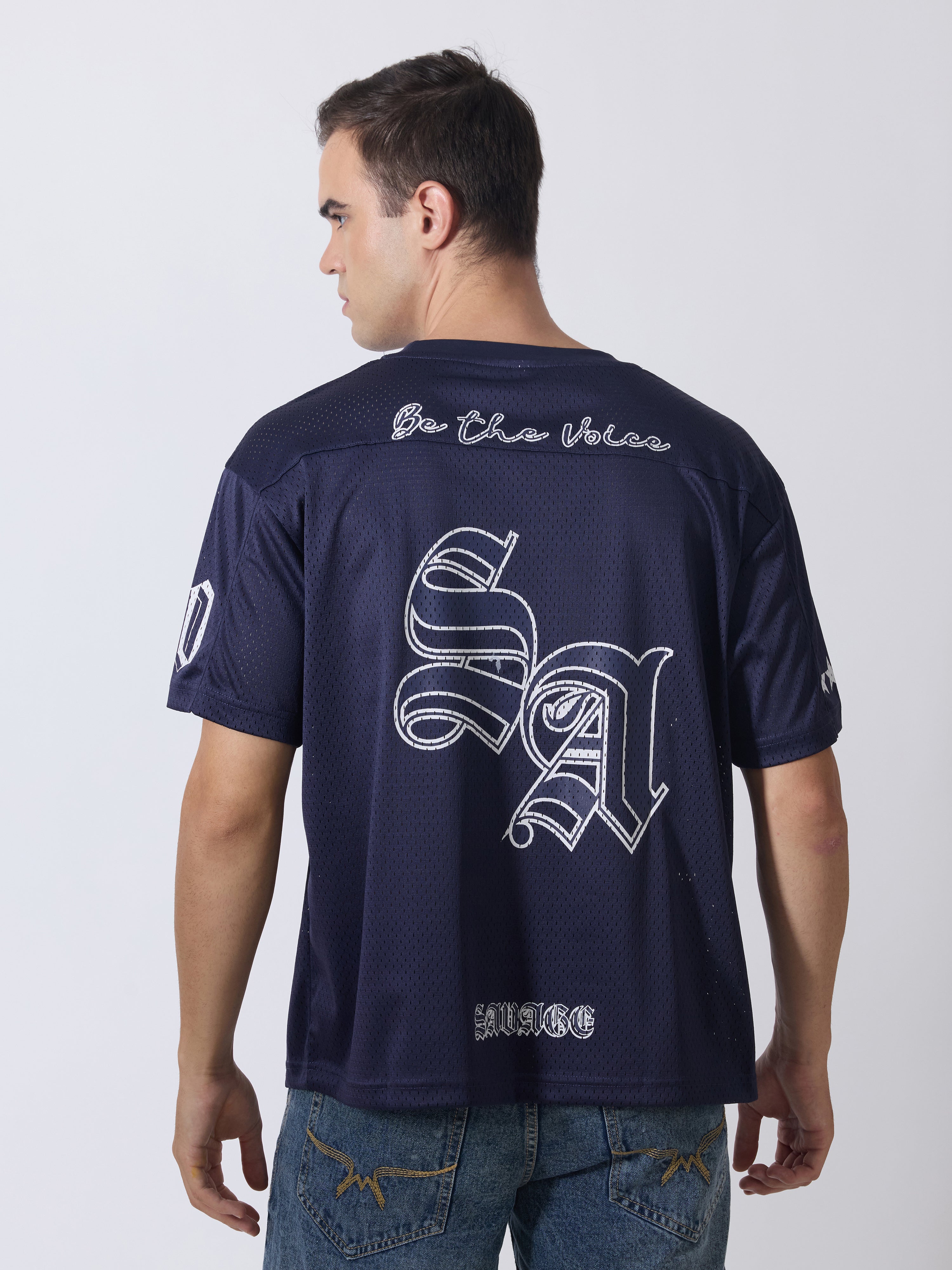 Lower Moon - Savage Printed Mesh Jersey T-Shirt - Navy Blue