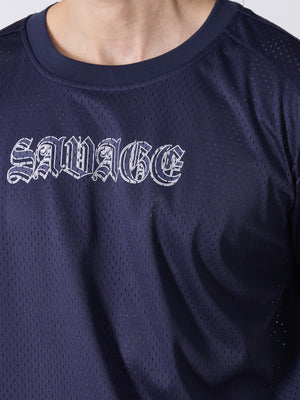 Lower Moon - Savage Printed Mesh Jersey T-Shirt - Navy Blue - Espanshe
