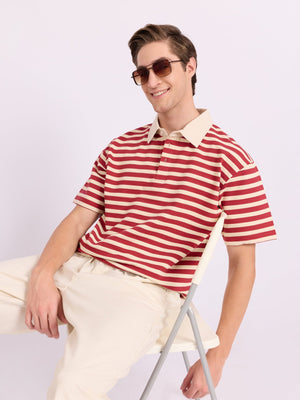 Neliis-1 - Textured Stripe Polo T-Shirt – Red - Espanshe