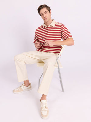 Neliis-1 - Textured Stripe Polo T-Shirt – Red - Espanshe