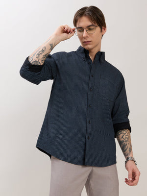 Nerelo - Smart Fit Printed Cotton Shirt - Midnight Blue - Espanshe