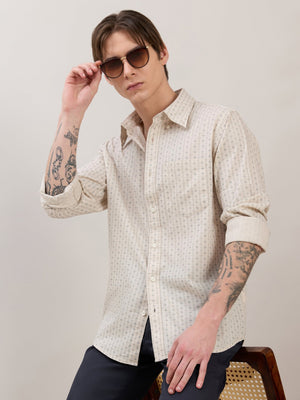 Nerelo - Smart Fit Printed Cotton Shirt - Light Beige - Espanshe