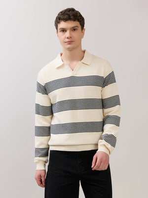 Sepia - Regular Striped Full Sleeve Polo T-Shirt - Cream - Espanshe