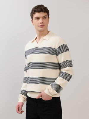 Sepia - Regular Striped Full Sleeve Polo T-Shirt - Cream - Espanshe