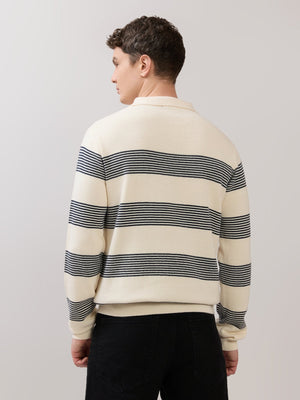 Sepia - Regular Striped Full Sleeve Polo T-Shirt - Cream - Espanshe