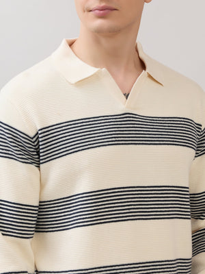 Sepia - Regular Striped Full Sleeve Polo T-Shirt - Cream - Espanshe