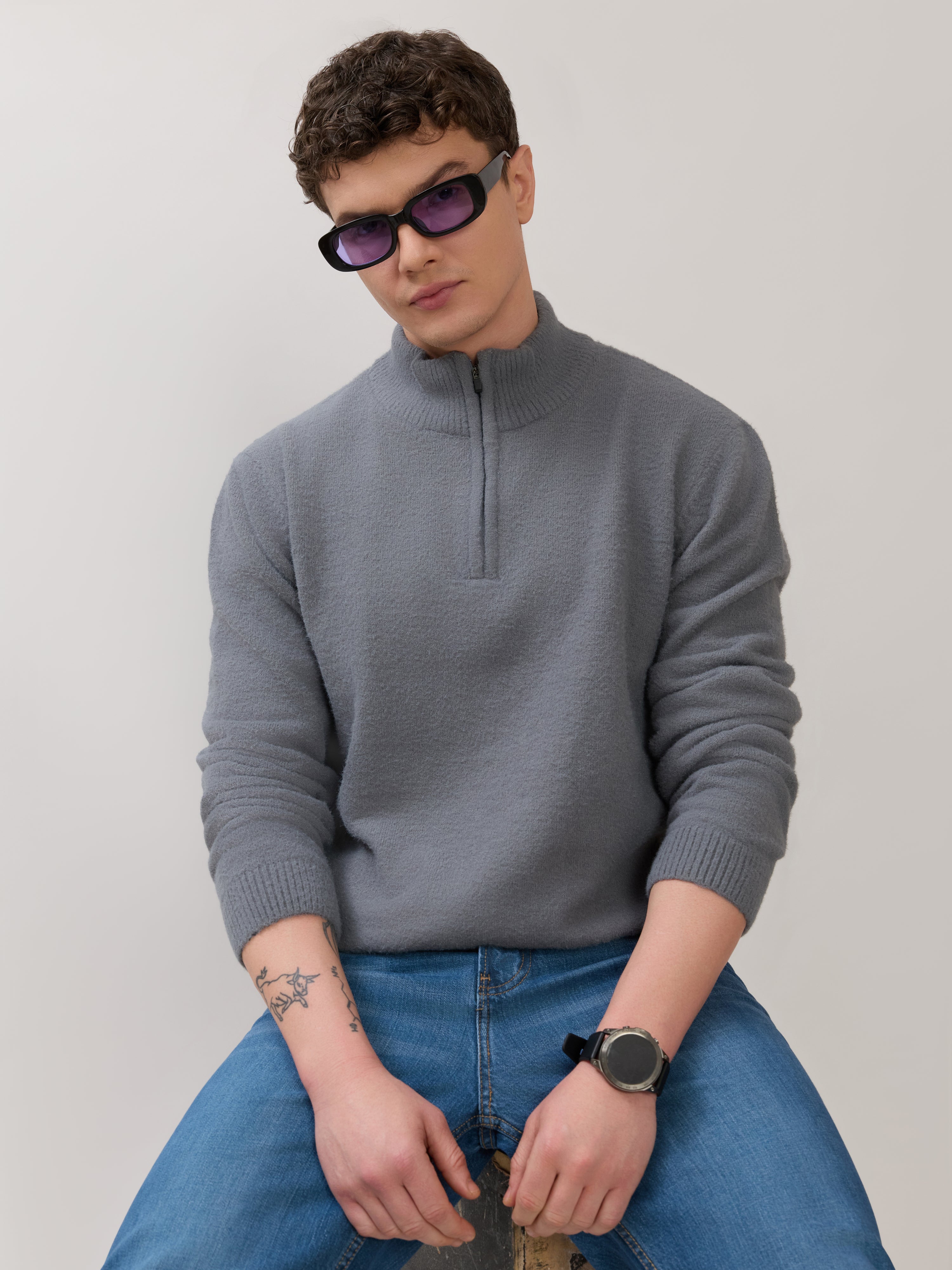 Zoro-2 - Regular Half-Zip High Neck Sweater - Grey – Espanshe