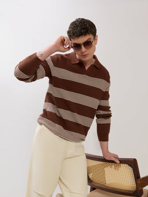 Sepia - Regular Striped Full Sleeve Polo T-Shirt - Brown - Espanshe