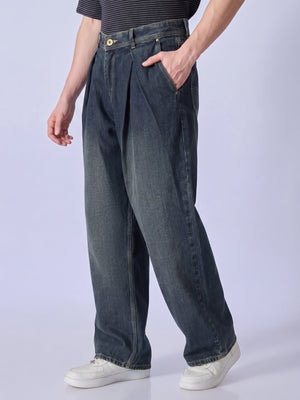 Quro - Baggy Pleated Jeans - Dark Blue - Espanshe