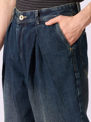 Quro - Baggy Pleated Jeans - Dark Blue - Espanshe