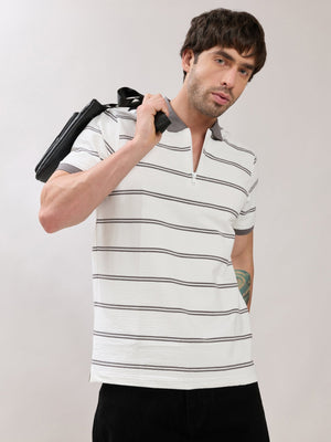 Rusel - Grey Striped Half Zip Regular Polo T-Shirt - Espanshe
