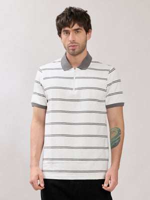 Rusel - Grey Striped Half Zip Regular Polo T-Shirt - Espanshe