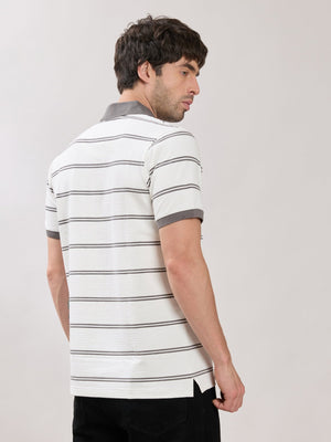 Rusel - Grey Striped Half Zip Regular Polo T-Shirt - Espanshe